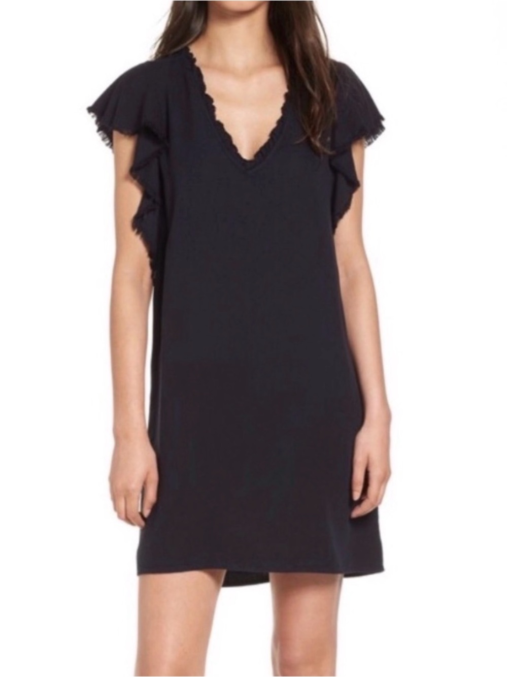 Splendid Black V-Neck Ruffle Sleeve Mini Dress
